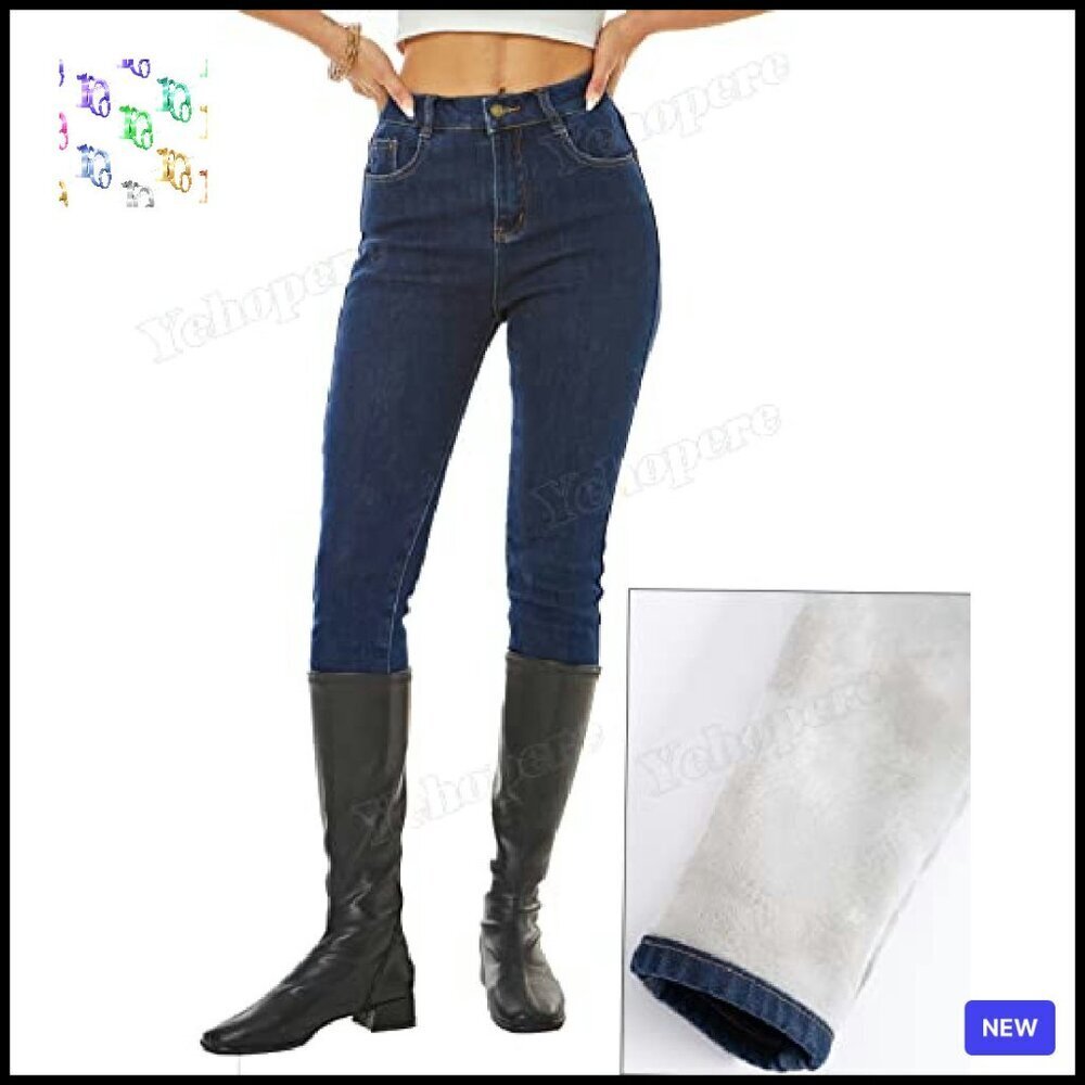 Fleece Lined Skinny Jeans High Waist Warm Thermal Slim Fit Winter Pants - Picture 6 of 8